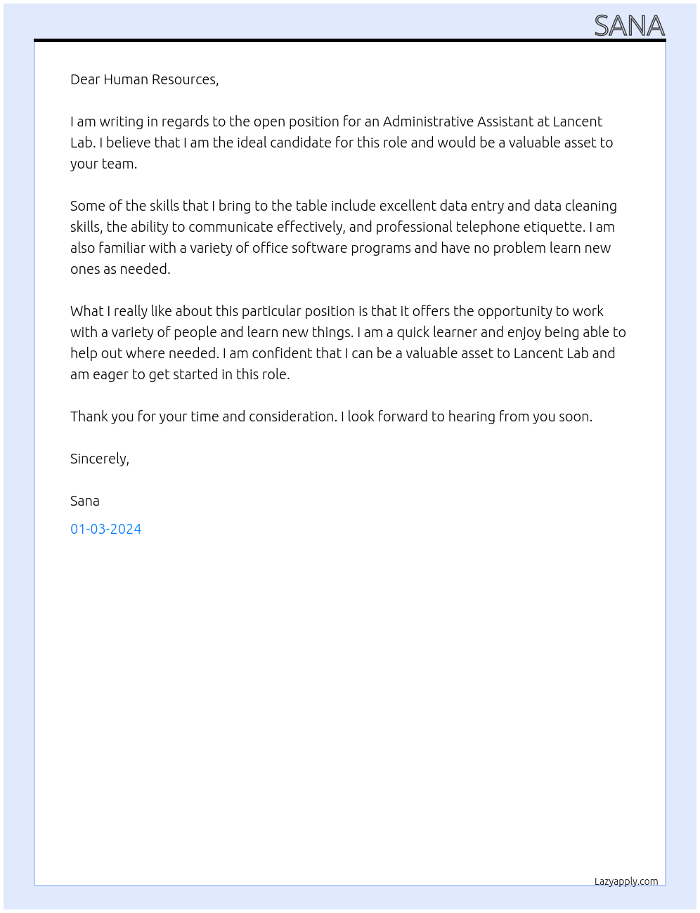 admin assitant At Lancent lab Cover Letter