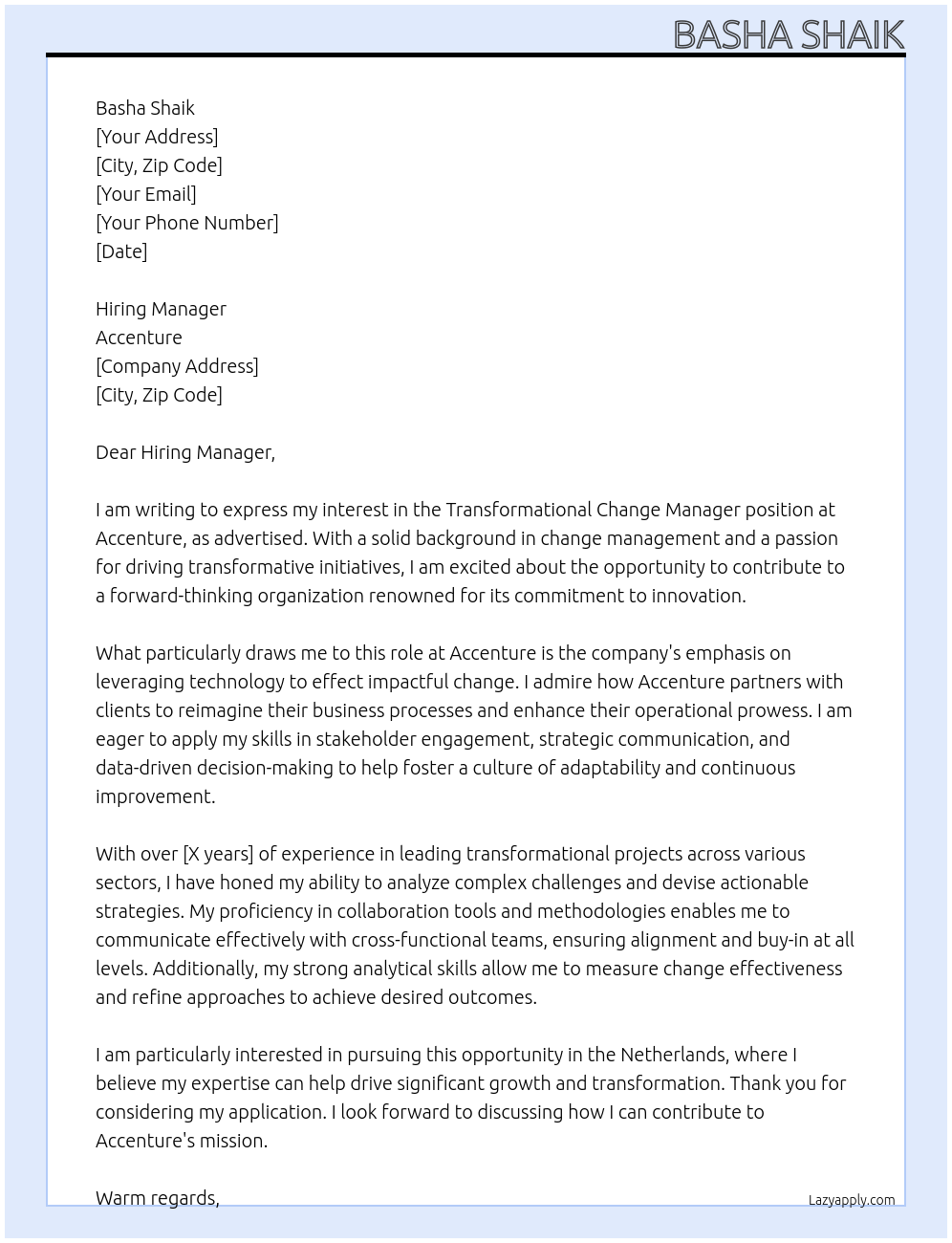 Transformational Change Manager At Accenture Cover Letter