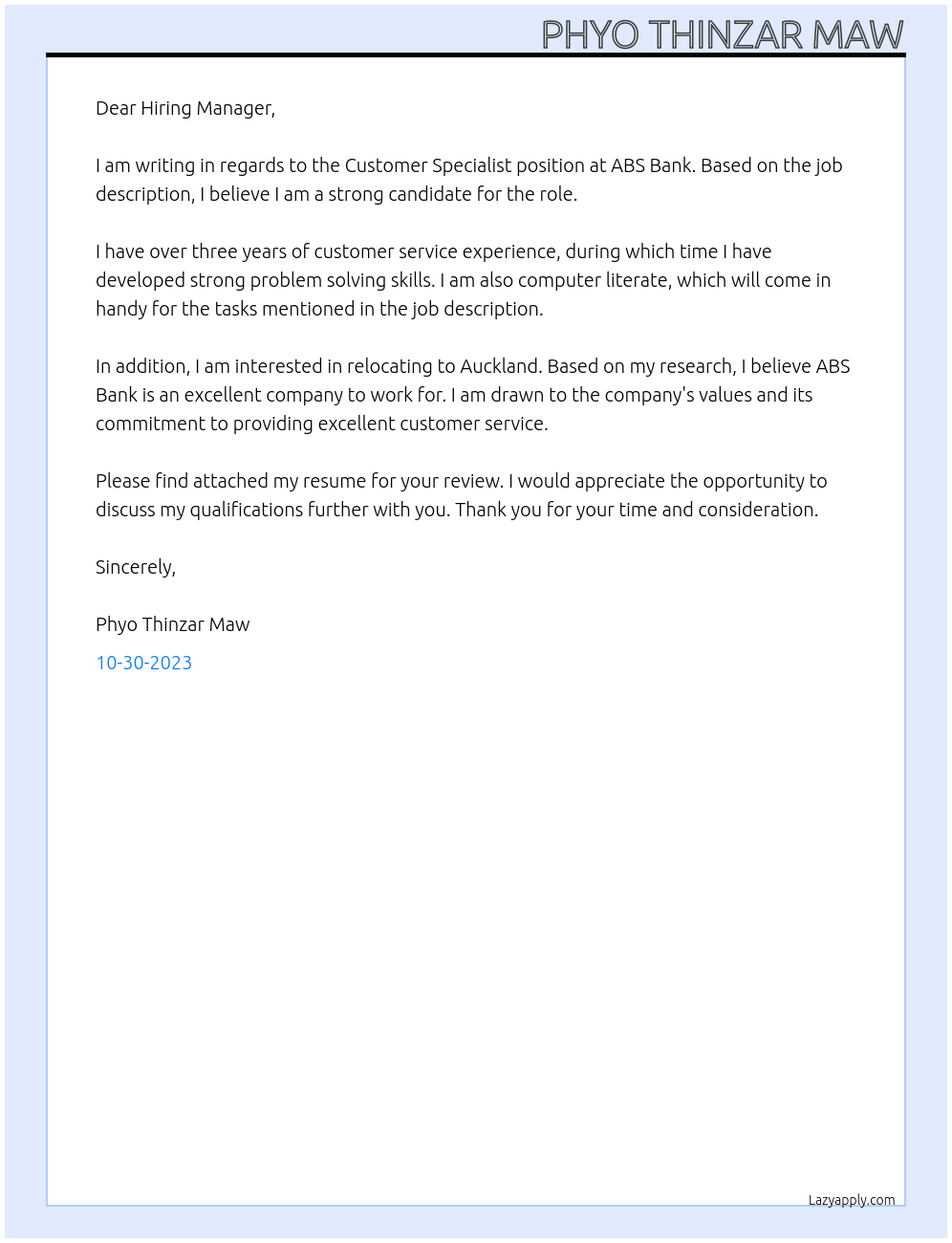 Customer Specialist At ABS Bank Cover Letter