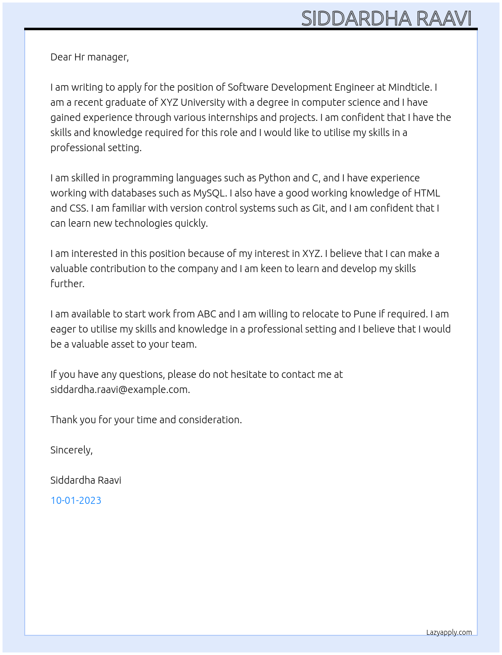 Software Development Engineer At Mindticle Cover Letter