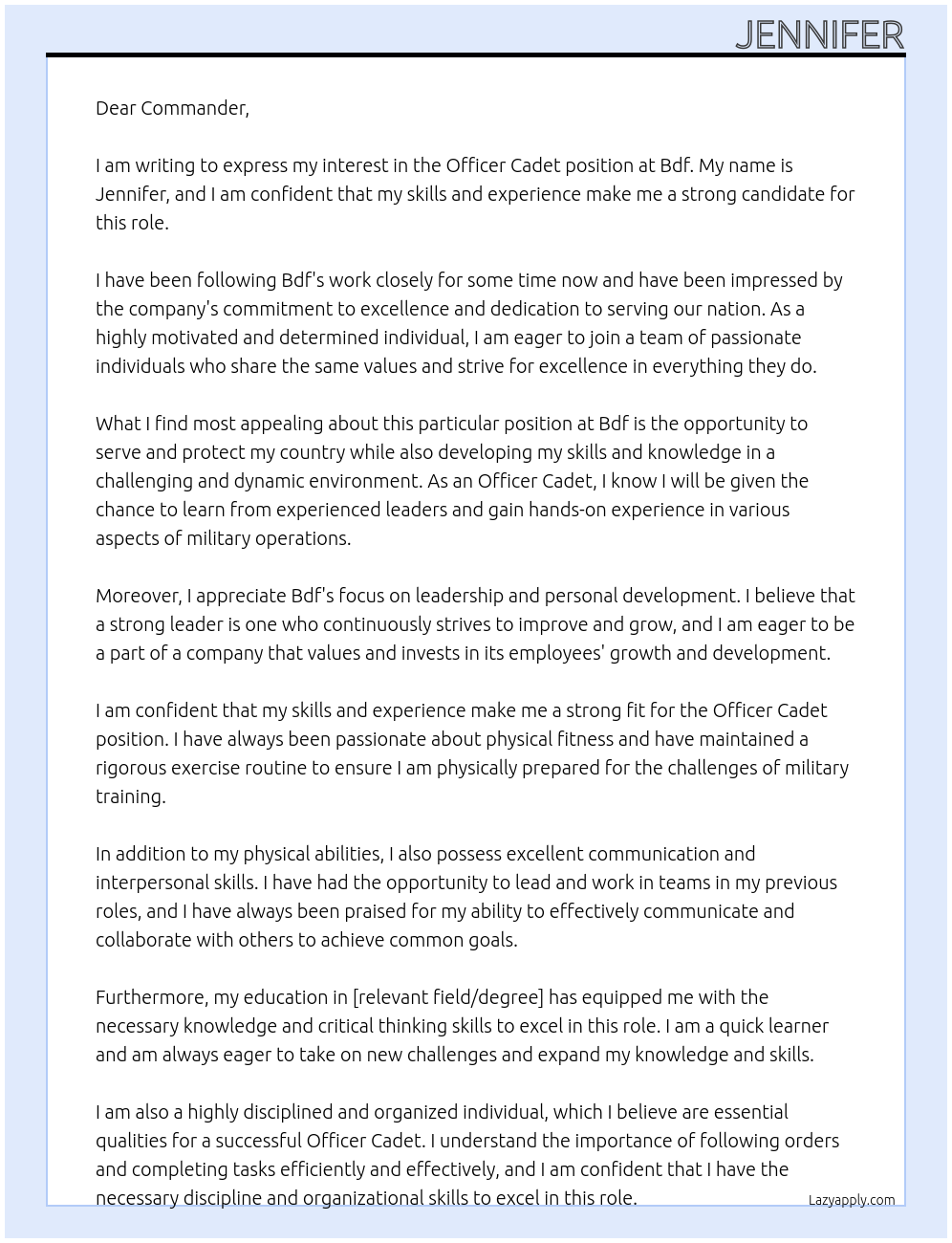 Officer cadet At Bdf Cover Letter