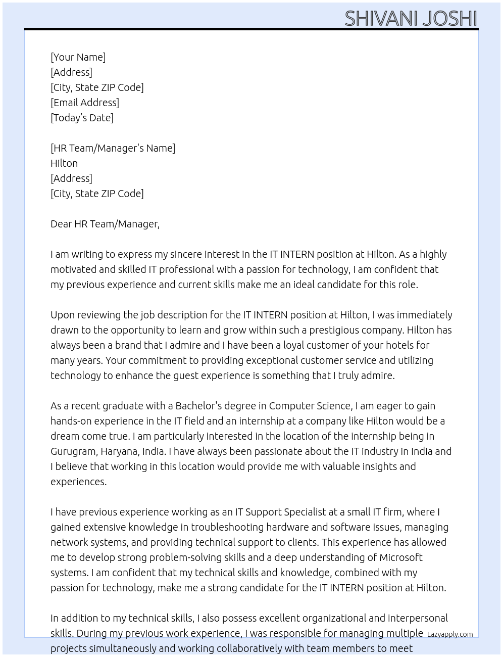 IT INTERN At Hilton Cover Letter