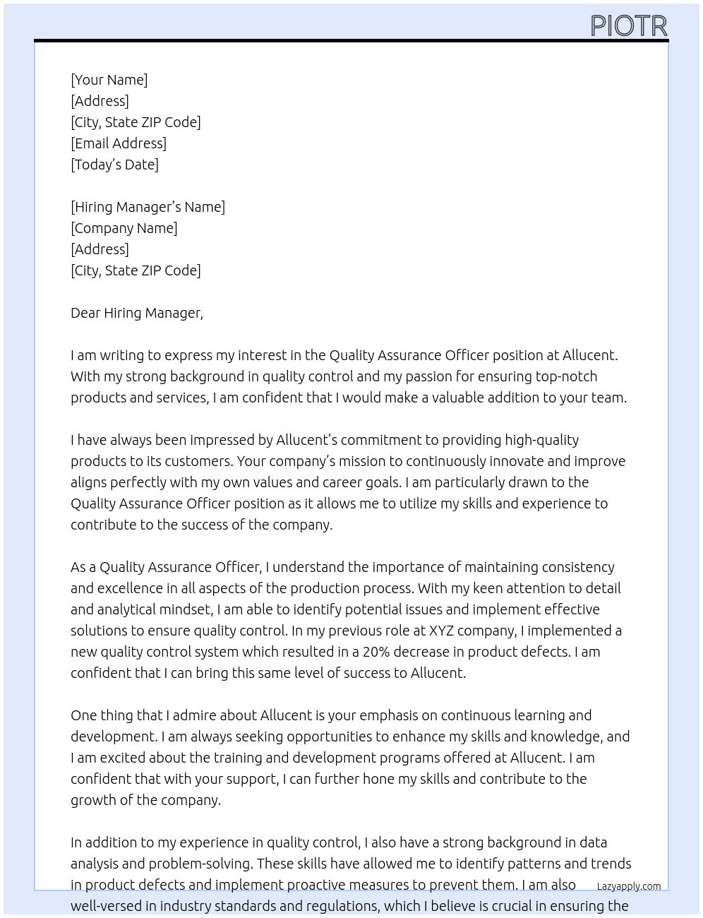 Quality Assurance Officer At Allucent Cover Letter