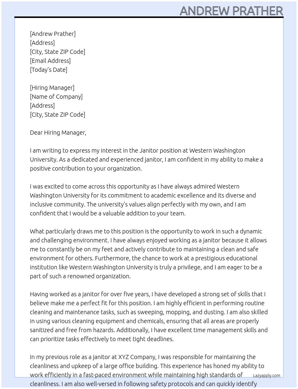 Janitor At Western Washington University Cover Letter