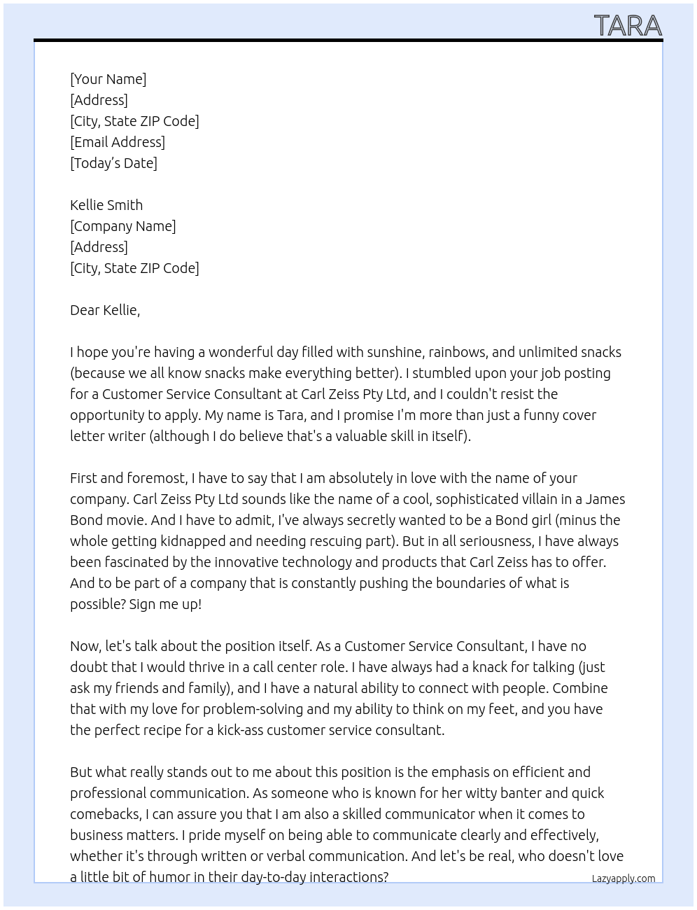 Customer Service Consultant  At Carl Zeiss Pty Ltd Cover Letter