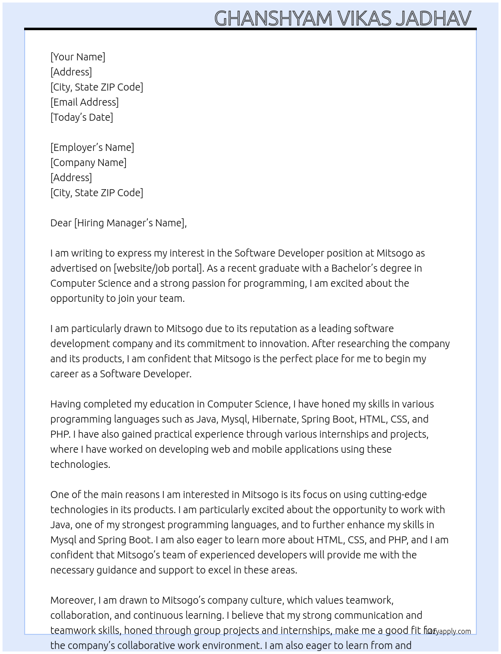 Software developer Fresher At Mitsogo Cover Letter