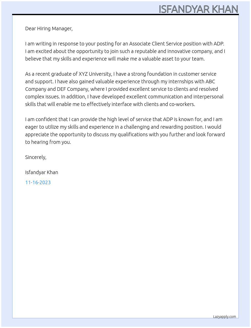 associate client service At ADP Cover Letter