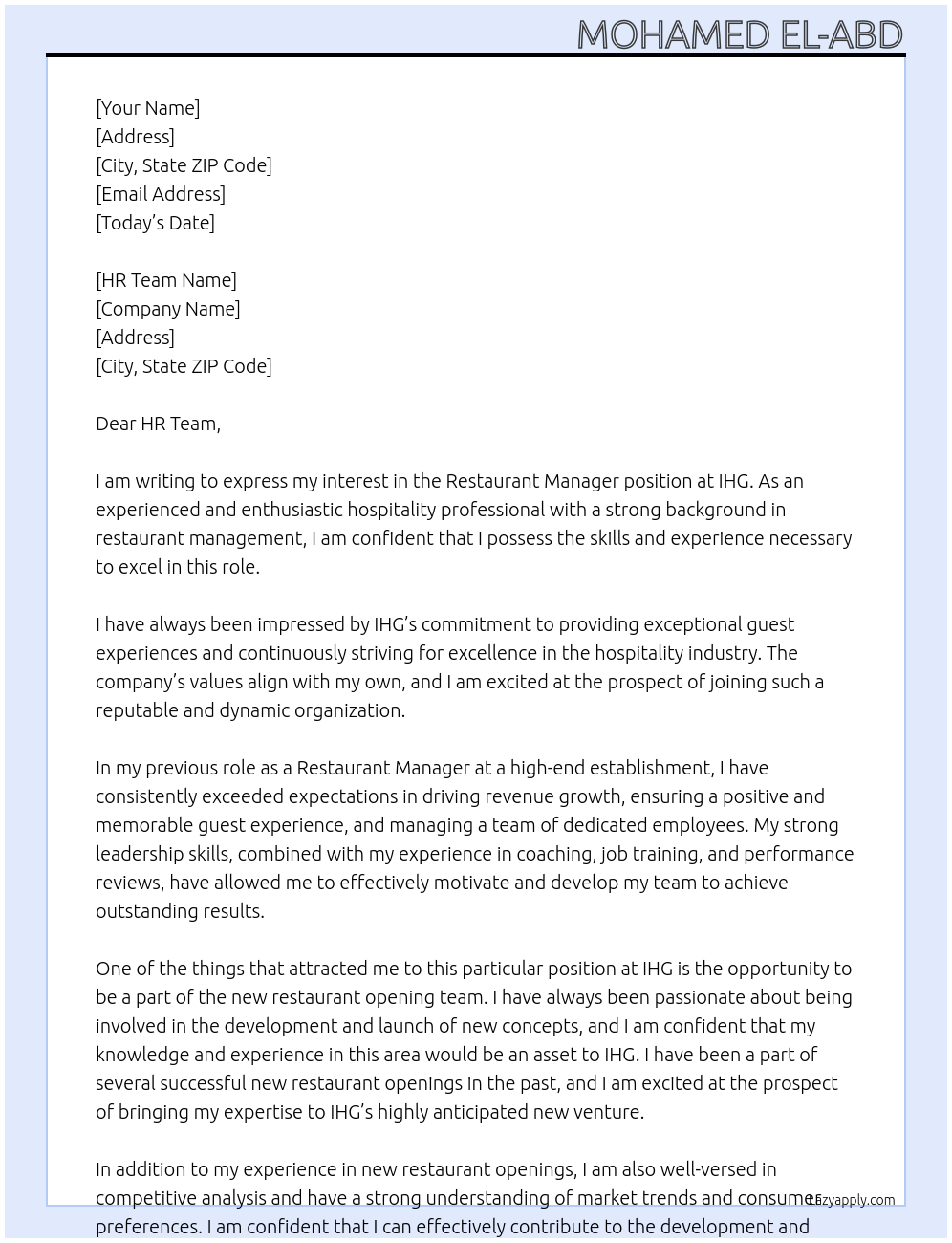 Restaurant Manager At IHG Cover Letter