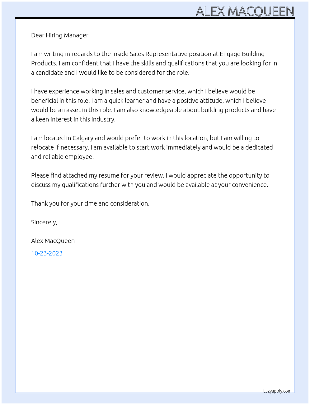 Inside Sales Representative  At Engage Building Products  Cover Letter