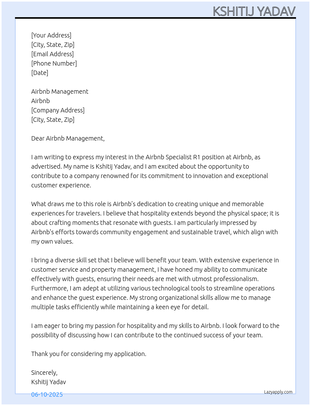 Airbnb Specialist R1 At Airbnb Cover Letter