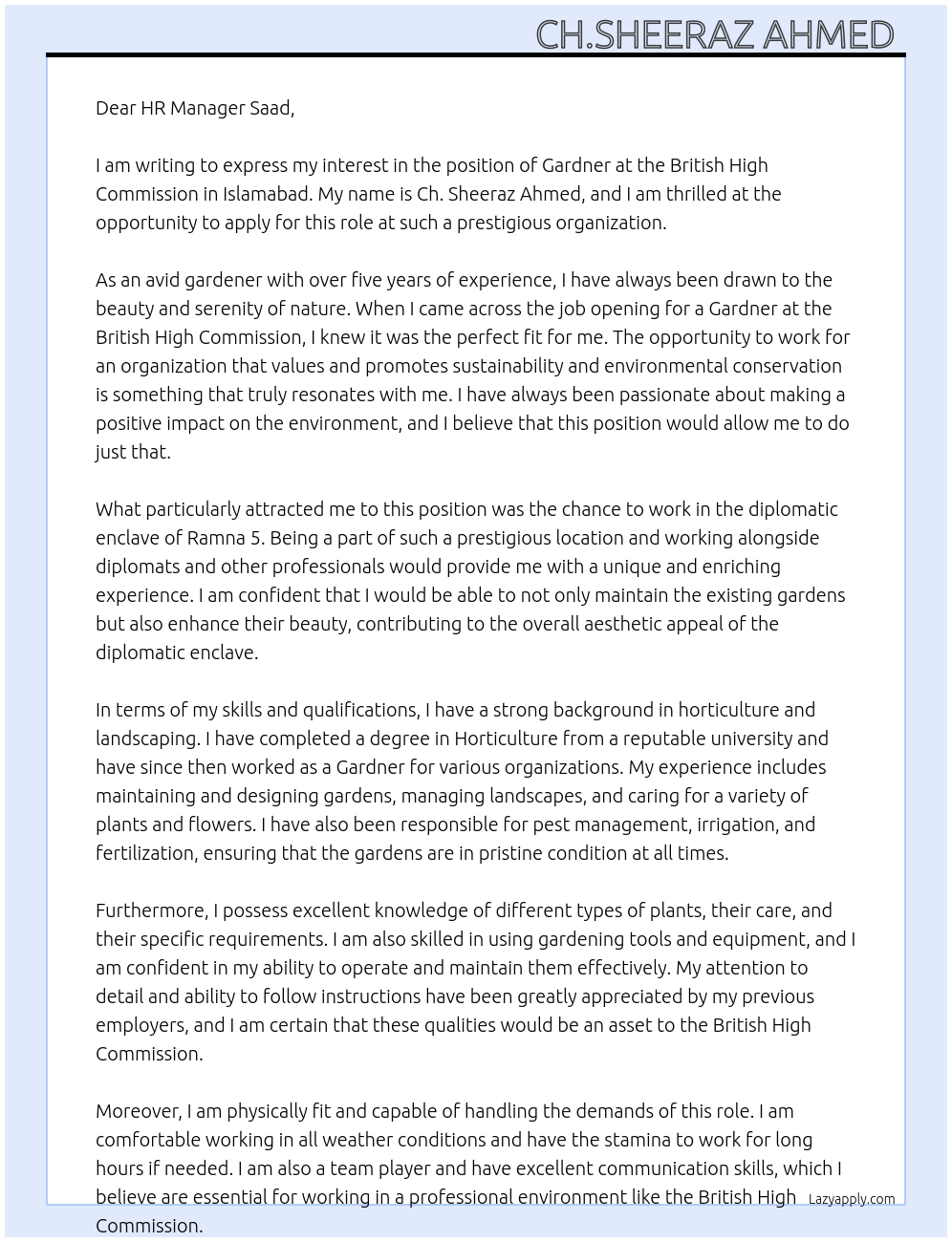 Gardner  At British high commission , diplomatic enclave,ramna  5,p o box 1122, Islamabad. Cover Letter