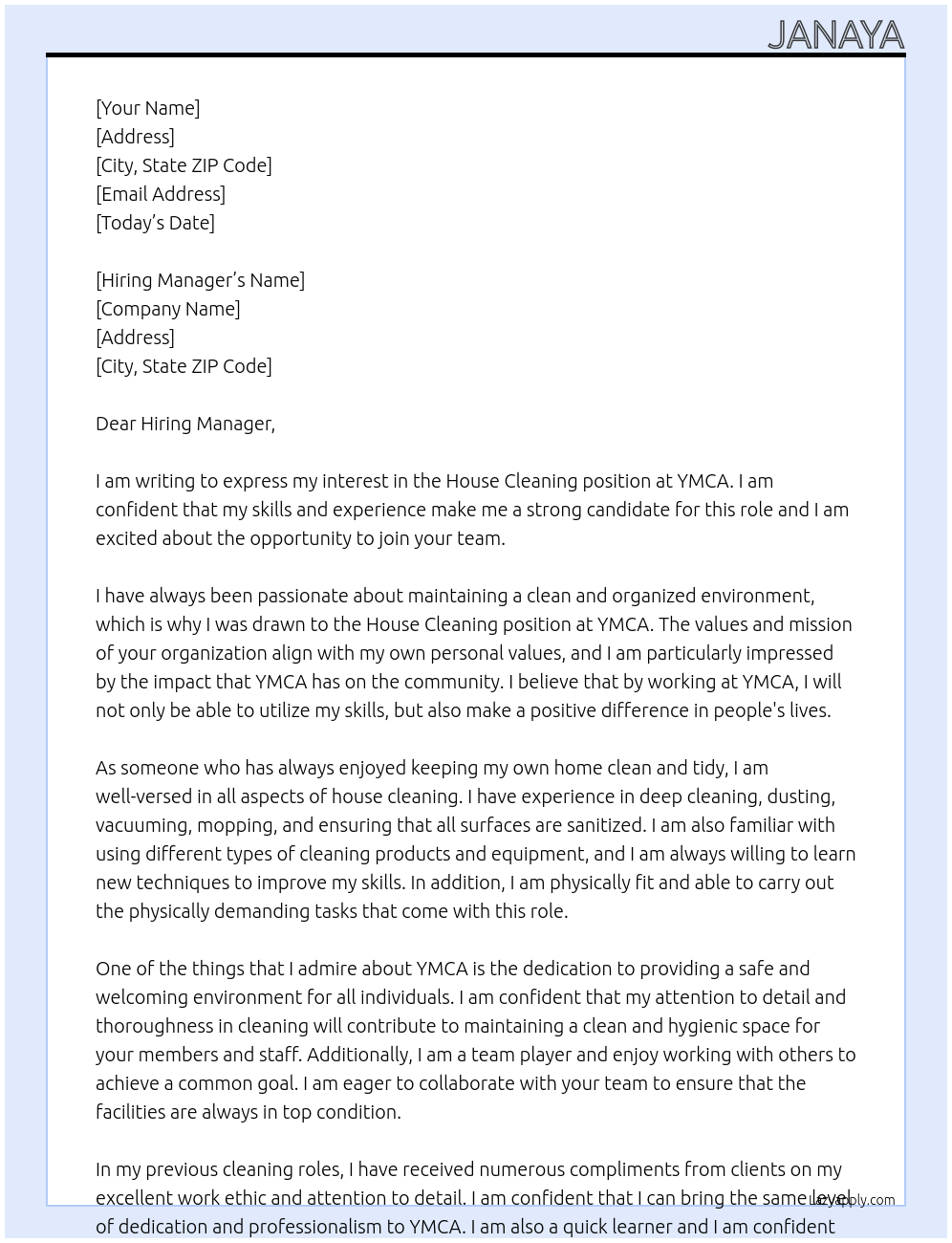 House Cleaning At YMCA Cover Letter