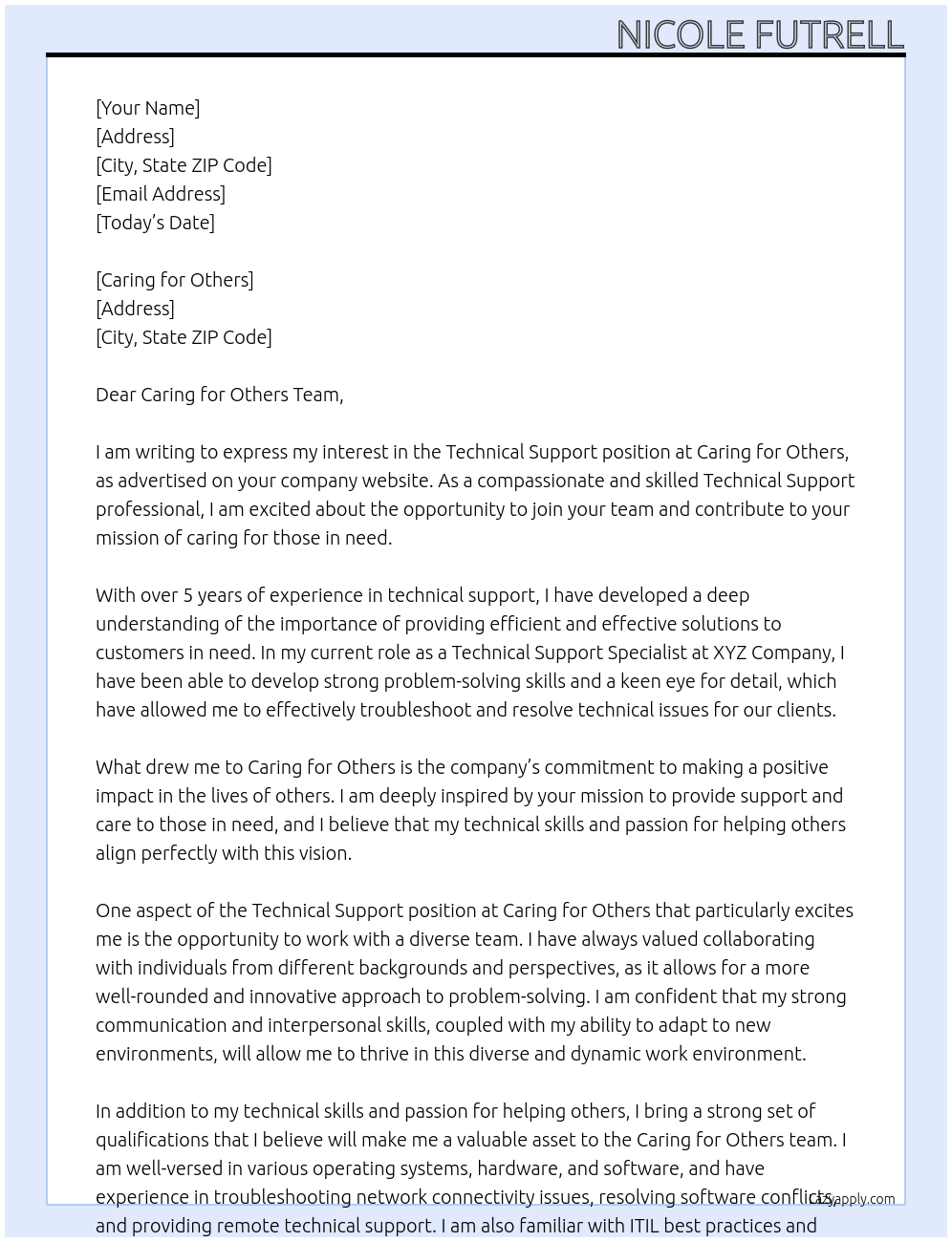 Technical Support At Caring for Others Cover Letter