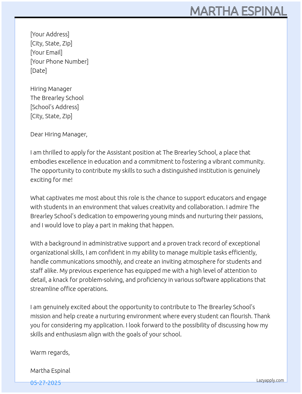 Assistant  At The Brearley School Cover Letter