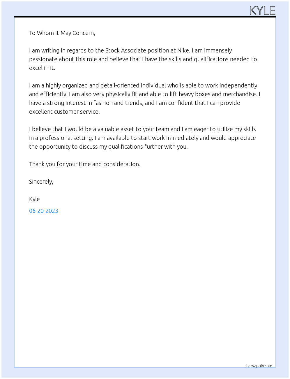 Stock Associate At NIke Cover Letter