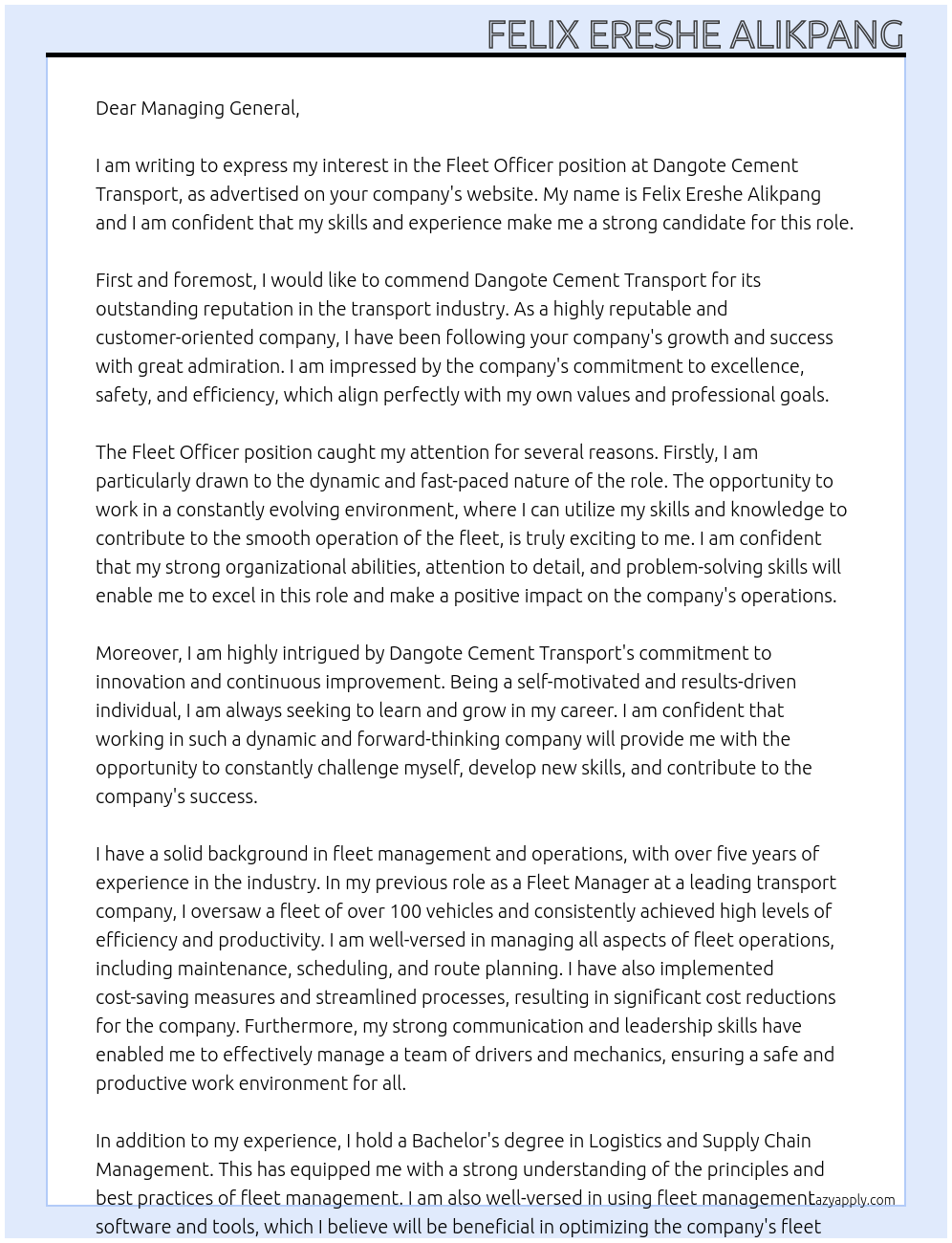 Fleet officer At Dangote Cement Transport Cover Letter