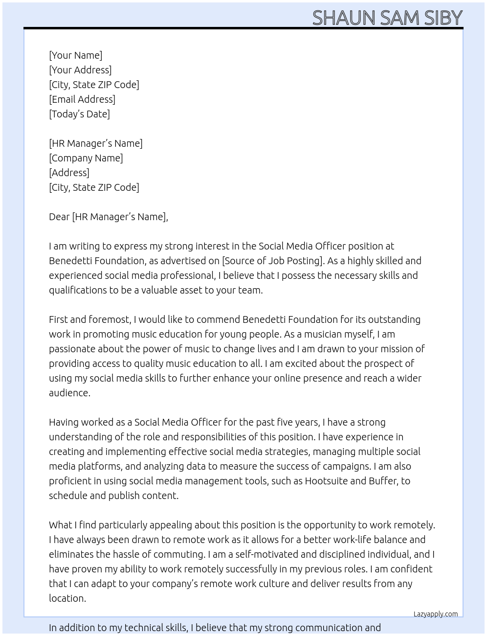 Social Media Officer At Benedetti Foundation Cover Letter