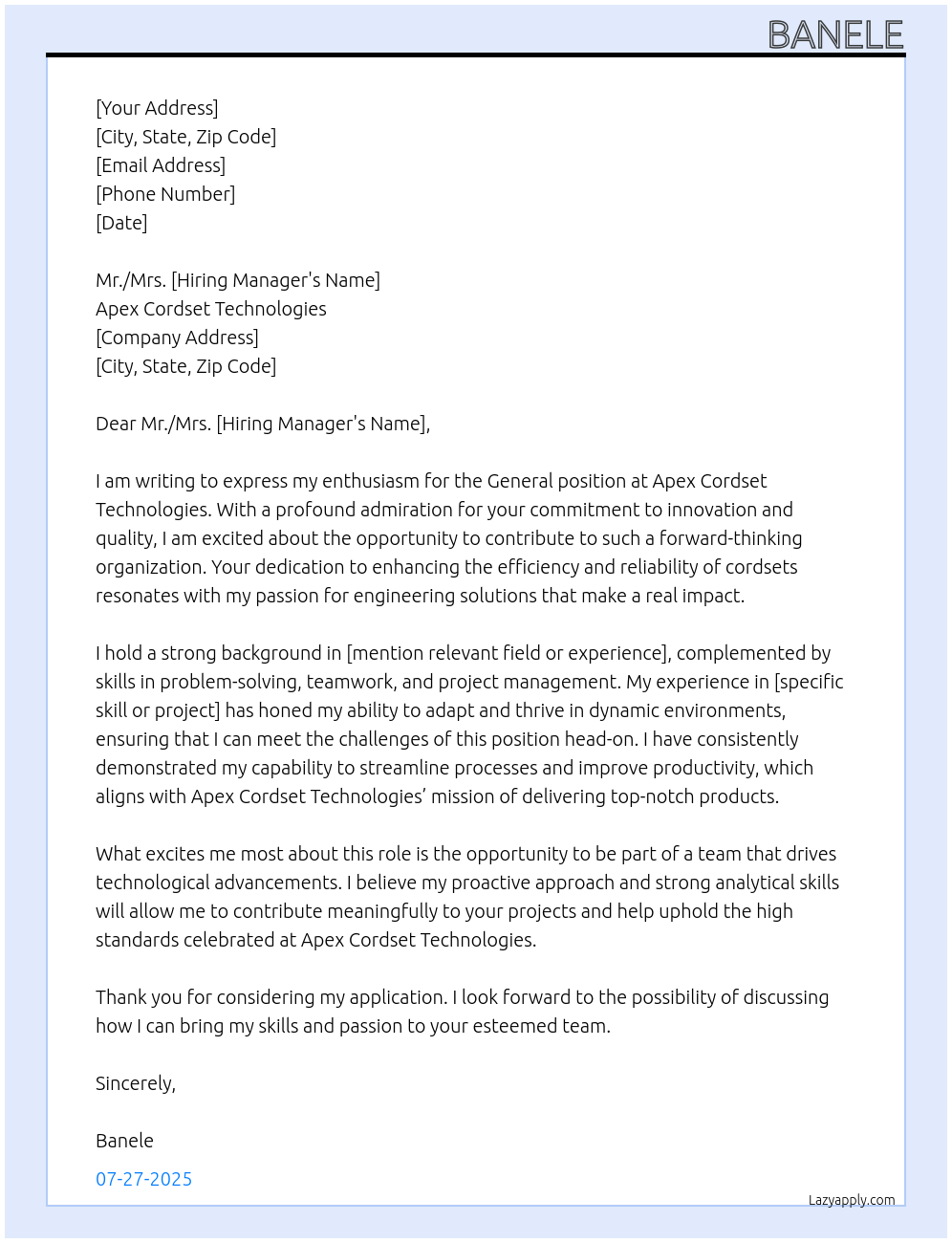 General At Apex Cordset Technologies Cover Letter