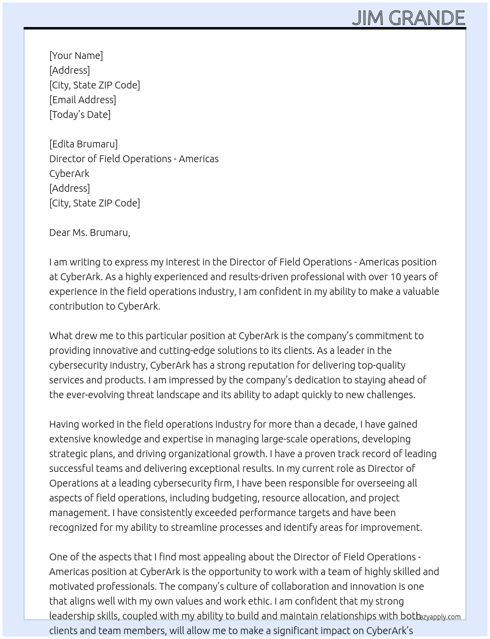 Director of Field Operations - Americas  At CyberArk Cover Letter