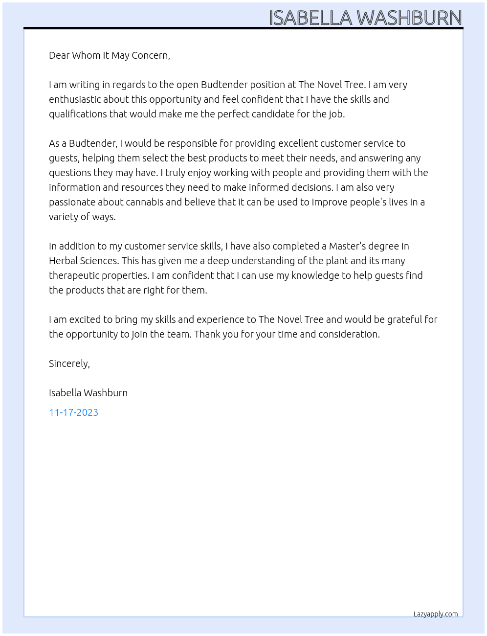 Budtender At The novel tree Cover Letter