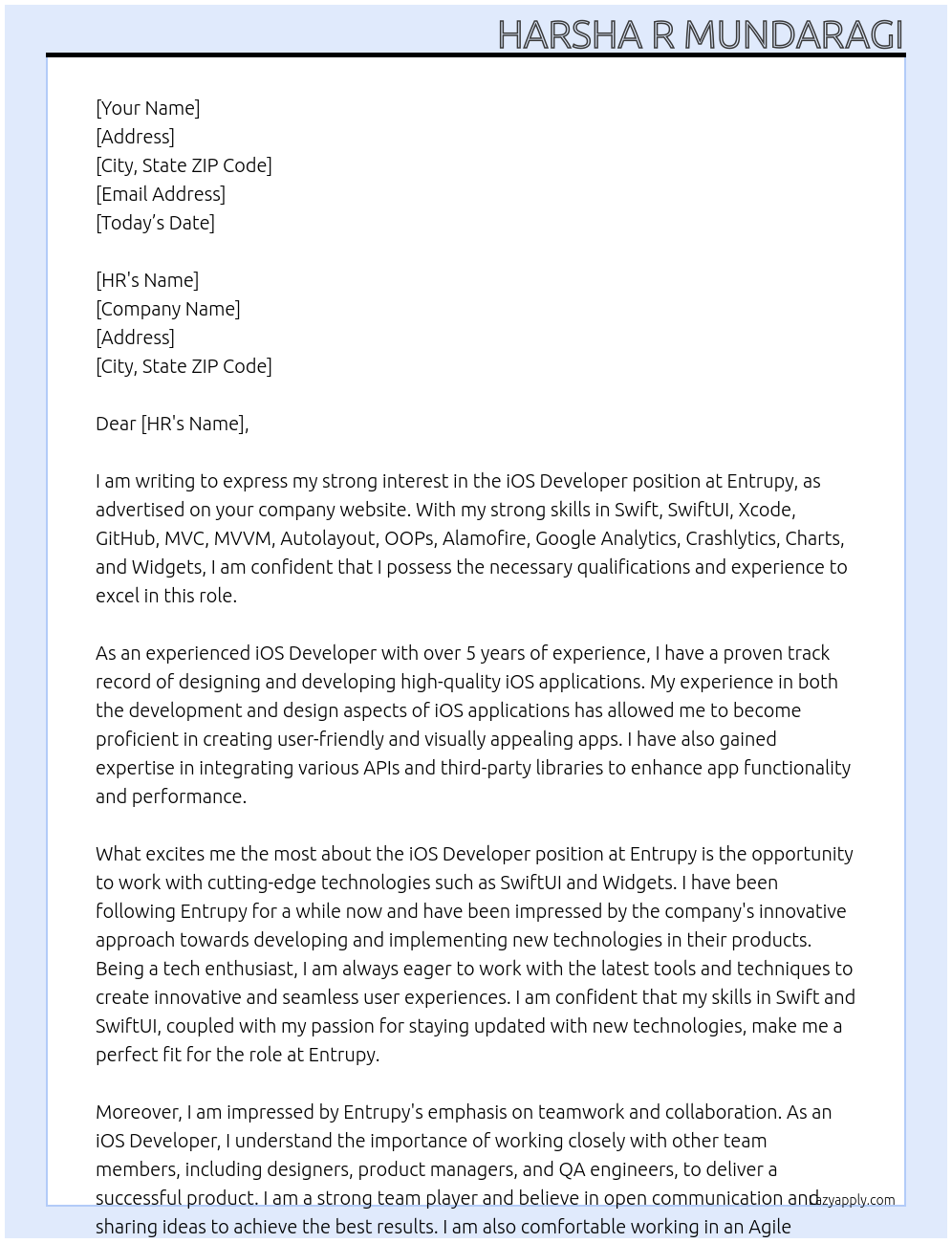 iOS Developer At Entrupy  Cover Letter