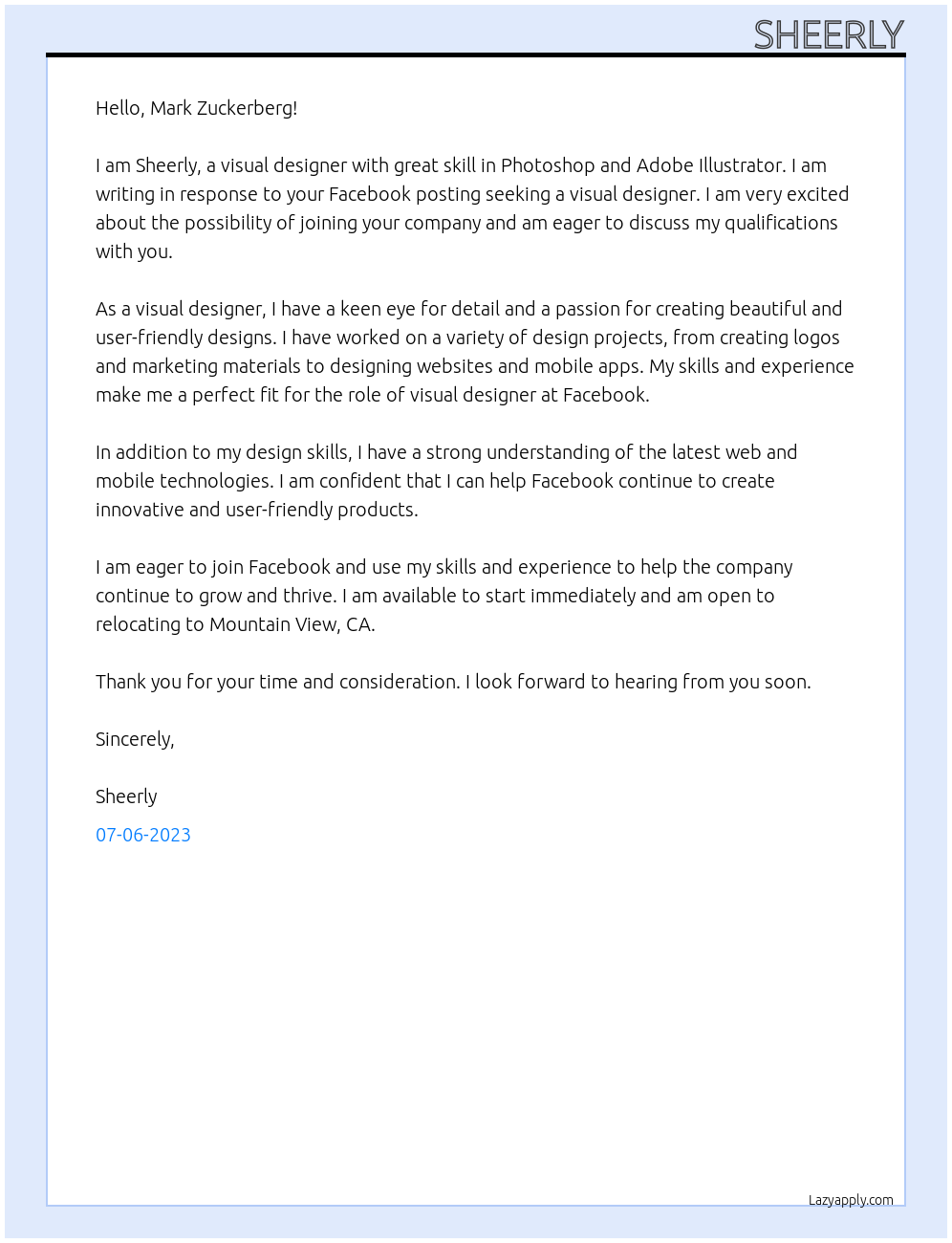 Visual Designer At Facebook Cover Letter