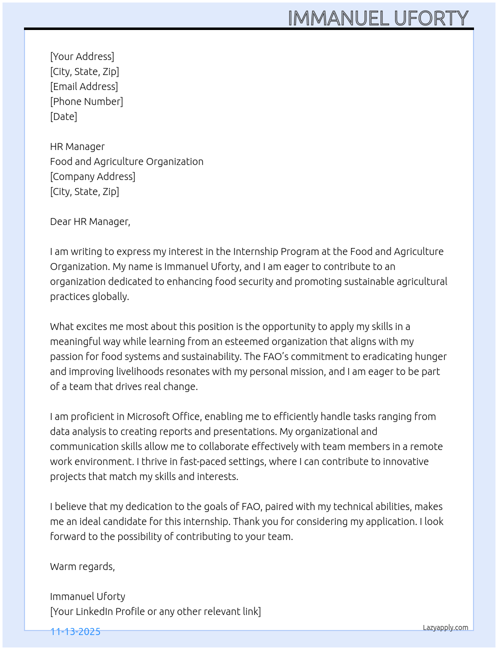 Cover letter for internship program - LazyApply