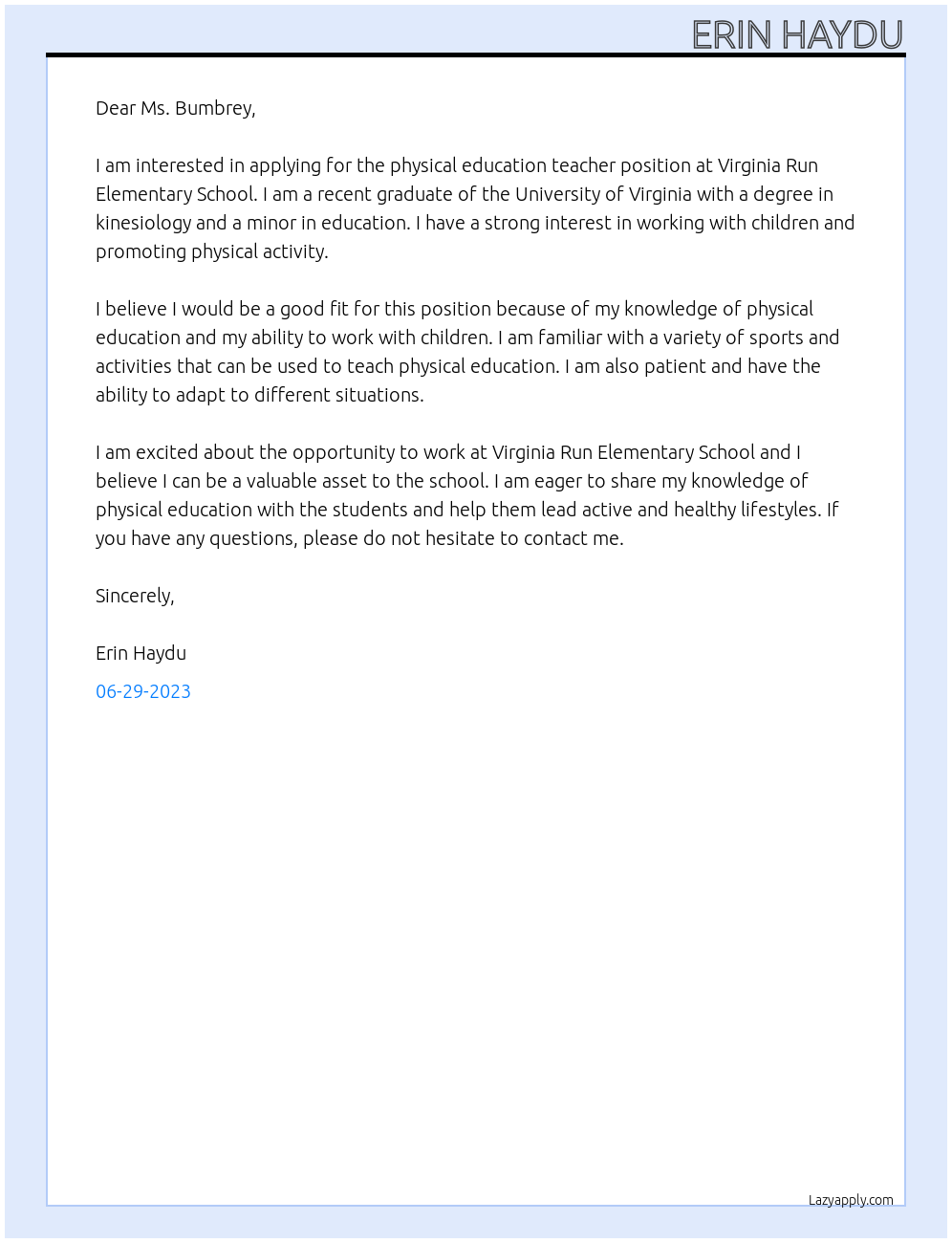 Physical Education Teacher At Virginia Run Elementary School Cover Letter