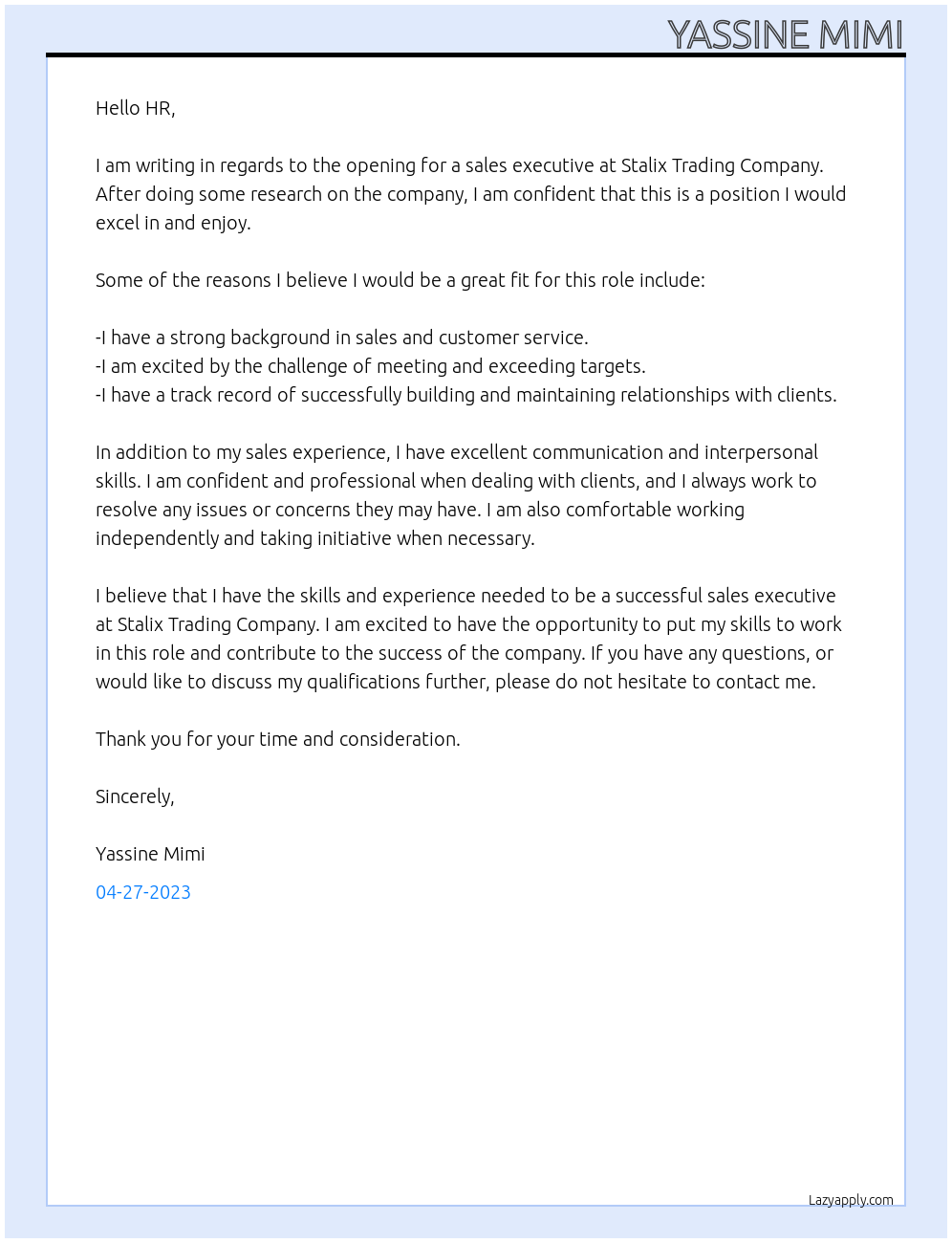 sale executive At Stalix Trading Company Cover Letter