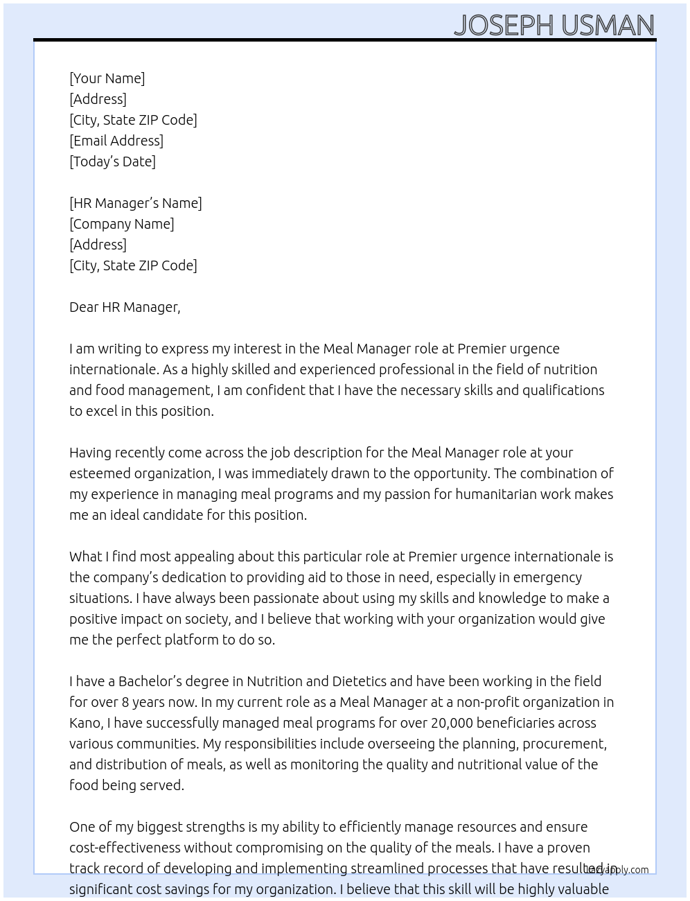 Meal manager At Premier urgence internationale Cover Letter