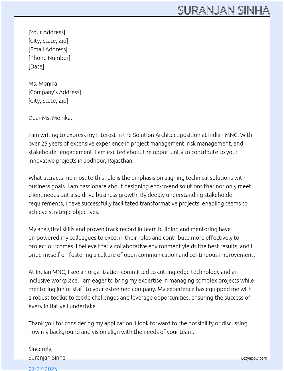 Cover letter for solution architect - LazyApply