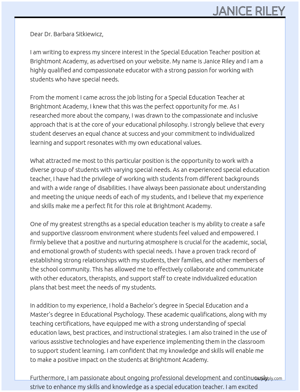 Special Education Teacher At Brightmont Academy Cover Letter
