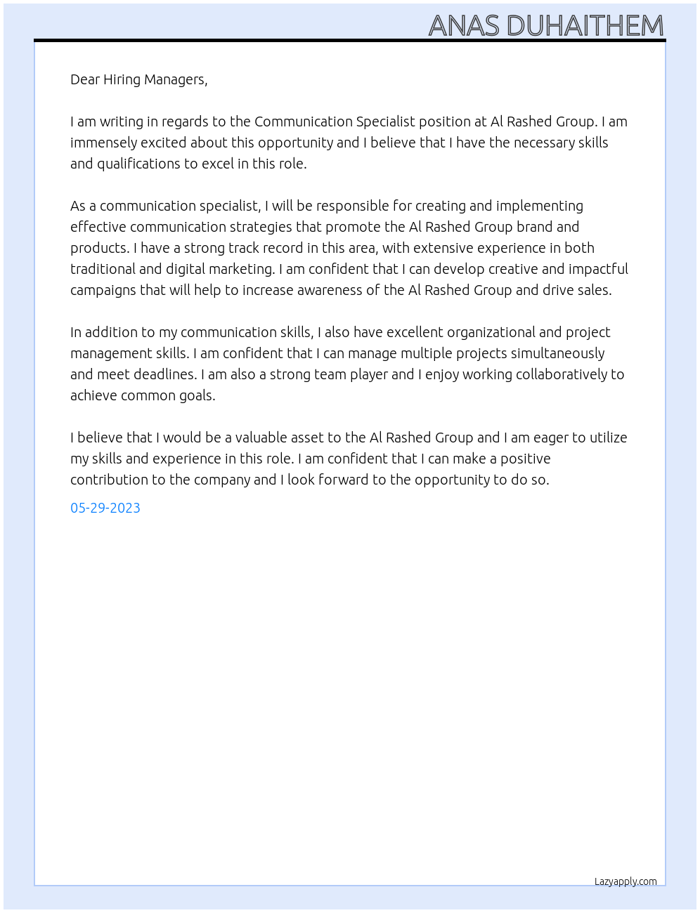 Communication Specialist At Al Rashed Group Cover Letter