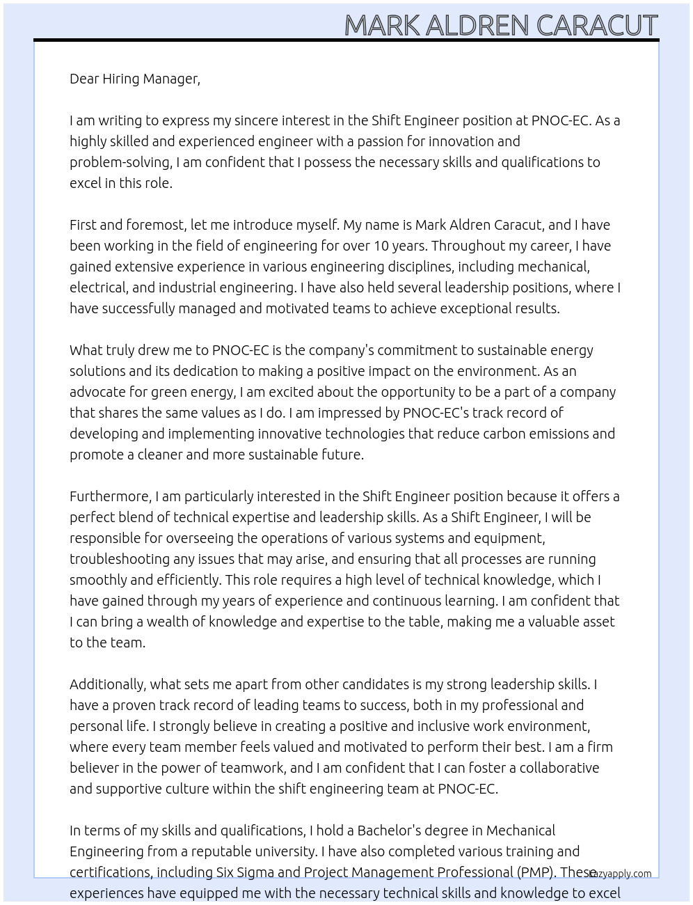 Shift Engineer At PNOC-EC Cover Letter