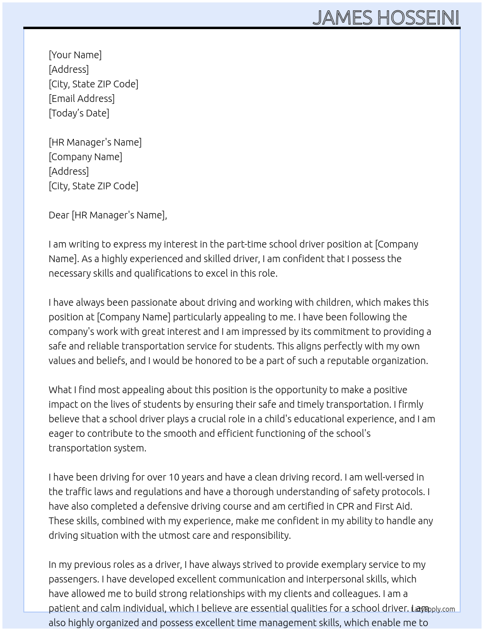 Cover letter for part time school driver - LazyApply