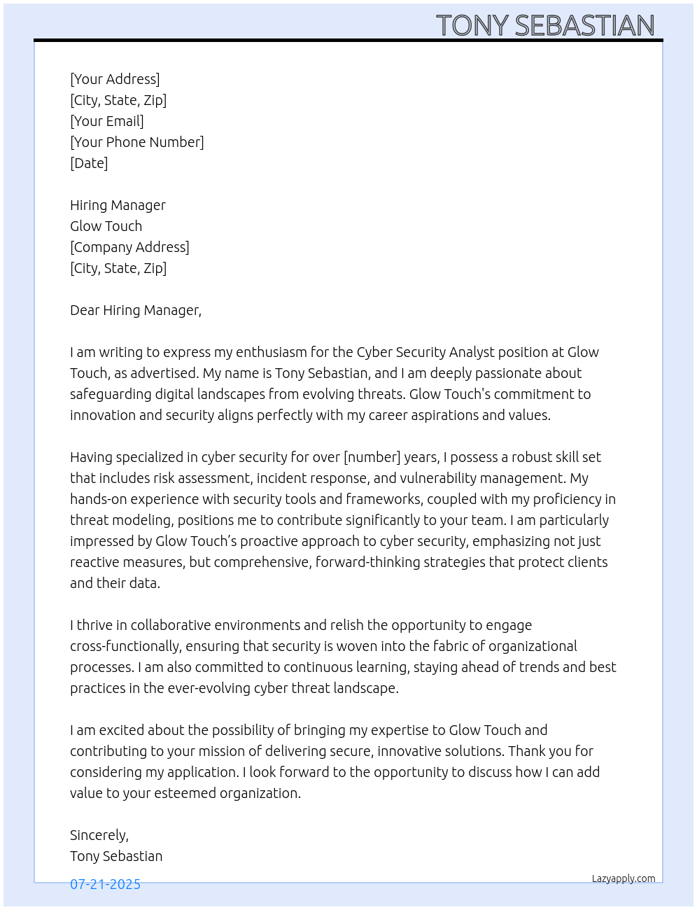 Cover letter for cyber security analyst - LazyApply