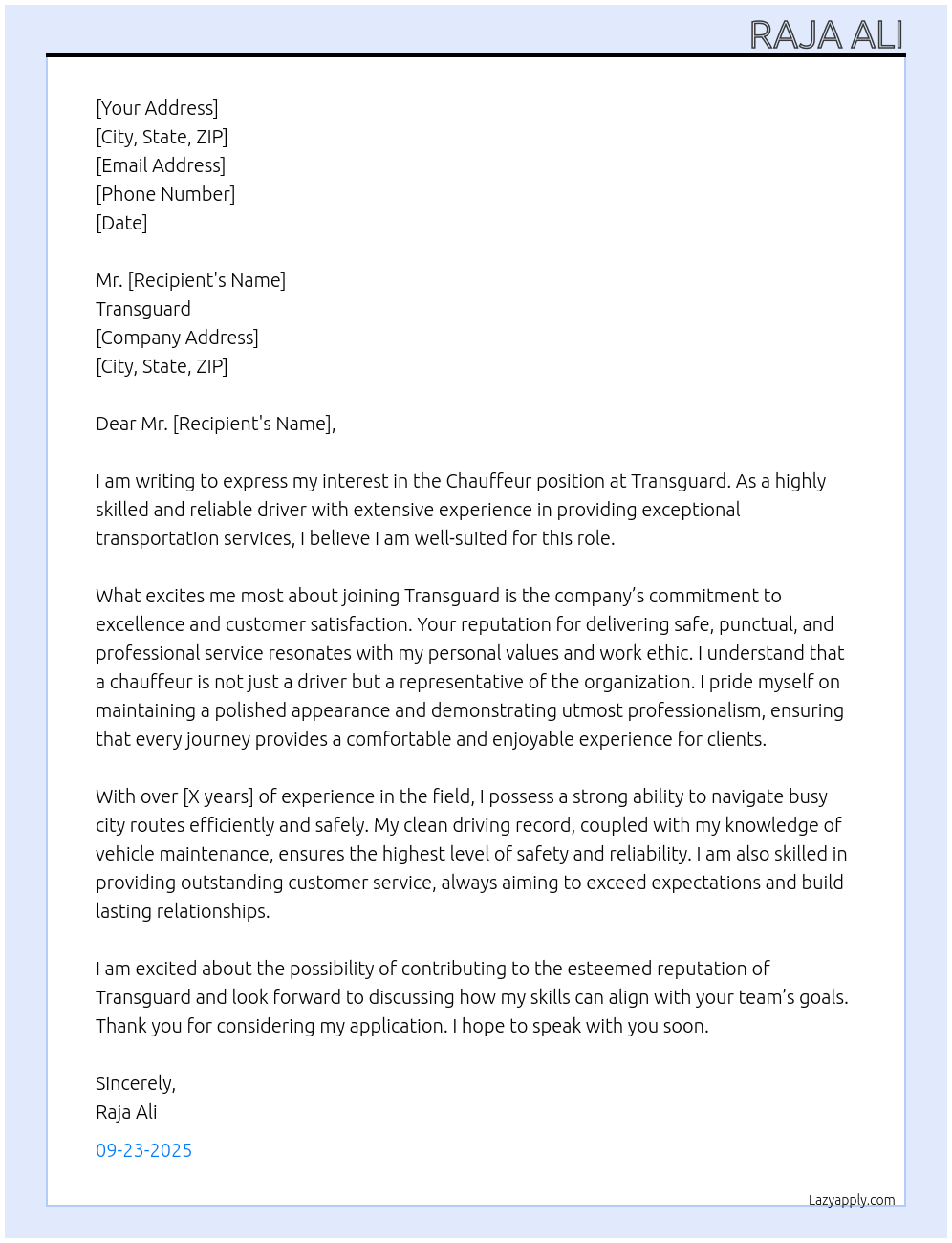 Cover letter for chauffeur - LazyApply