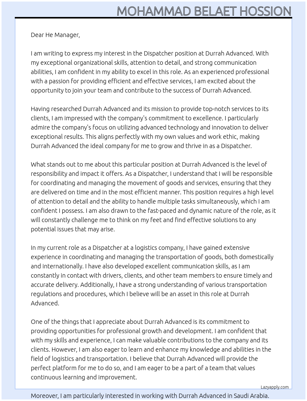 Dispatcher At Durrah Advanced Cover Letter