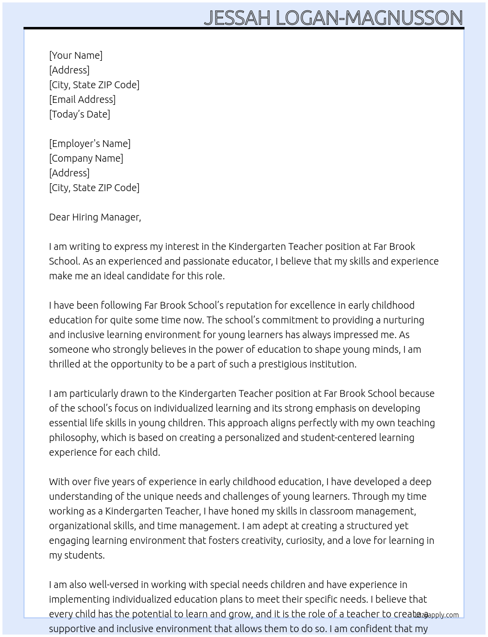 Kindergarten Teacher At Far Brook School Cover Letter