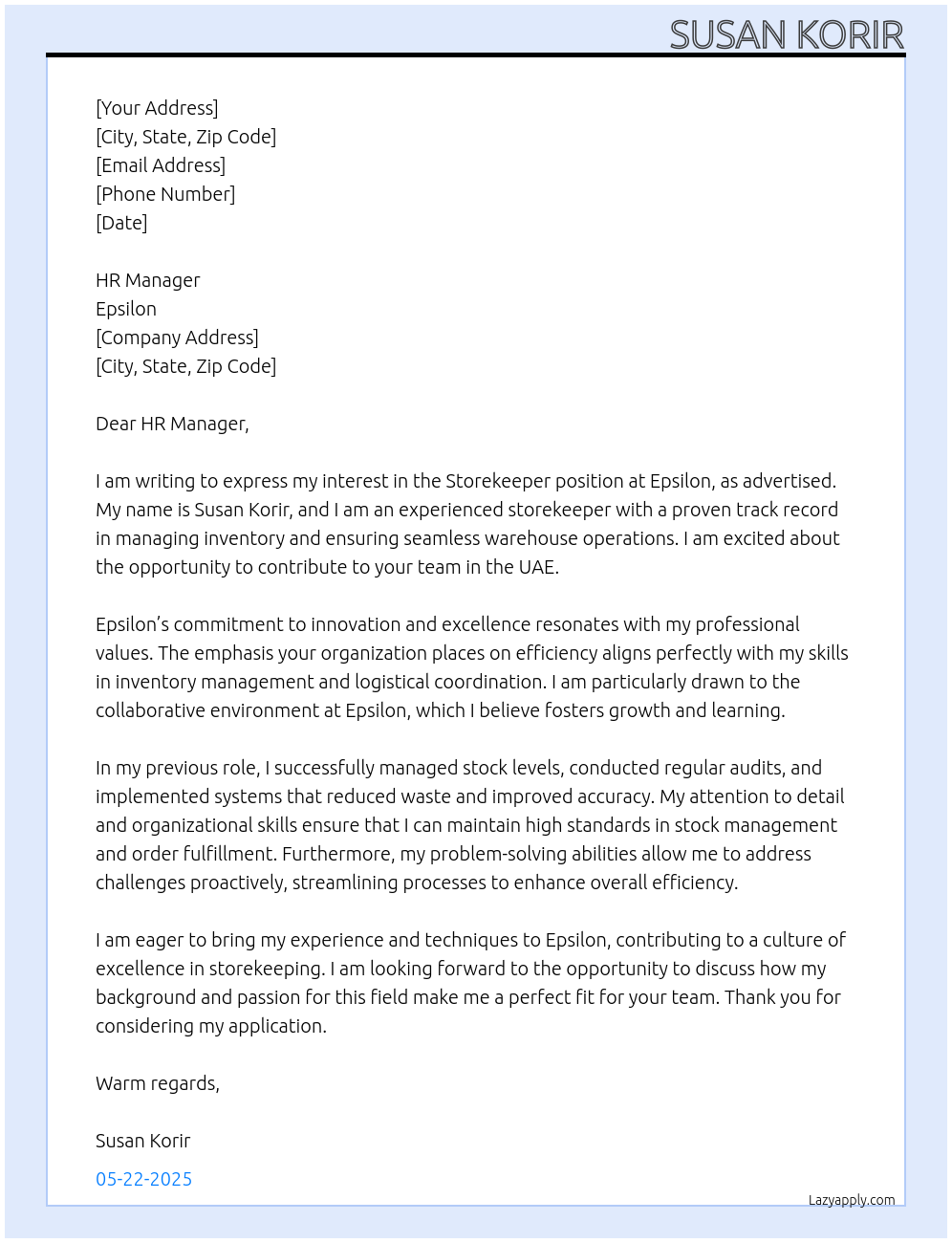 STOREKEEPER At EPSILON Cover Letter