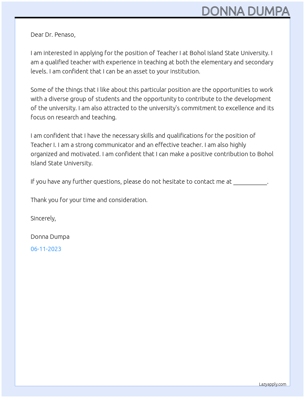 Teacher I At Bohol Island State University Cover Letter