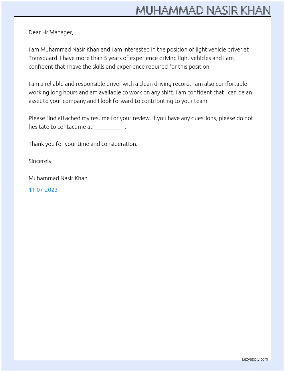 light vehicle driver At Transguard Cover Letter