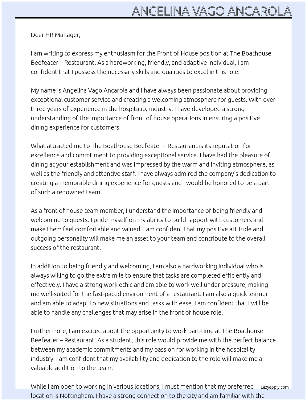 Front of House At The Boathouse Beefeater – Restaurant Cover Letter