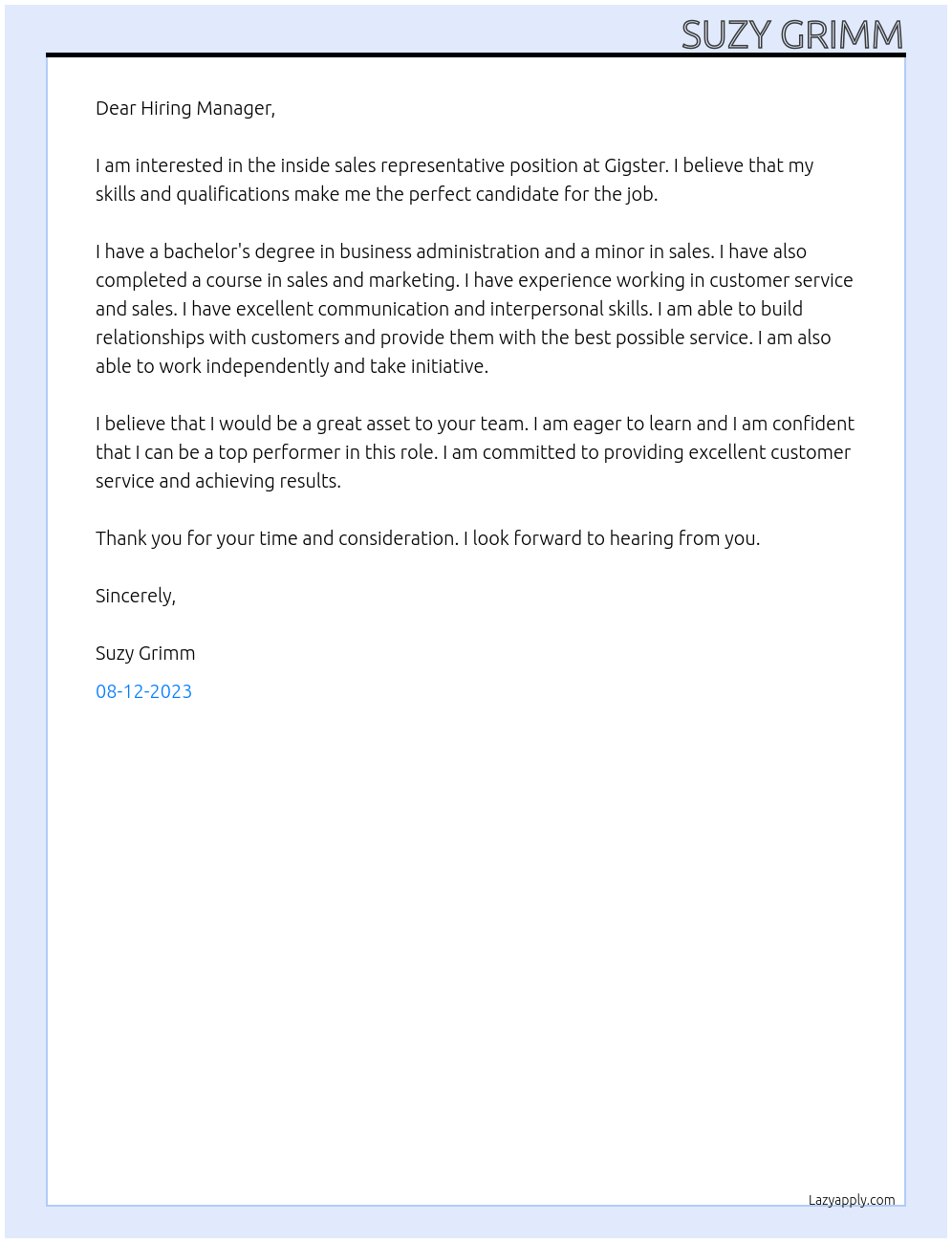 inside sales representative At Gigster Cover Letter