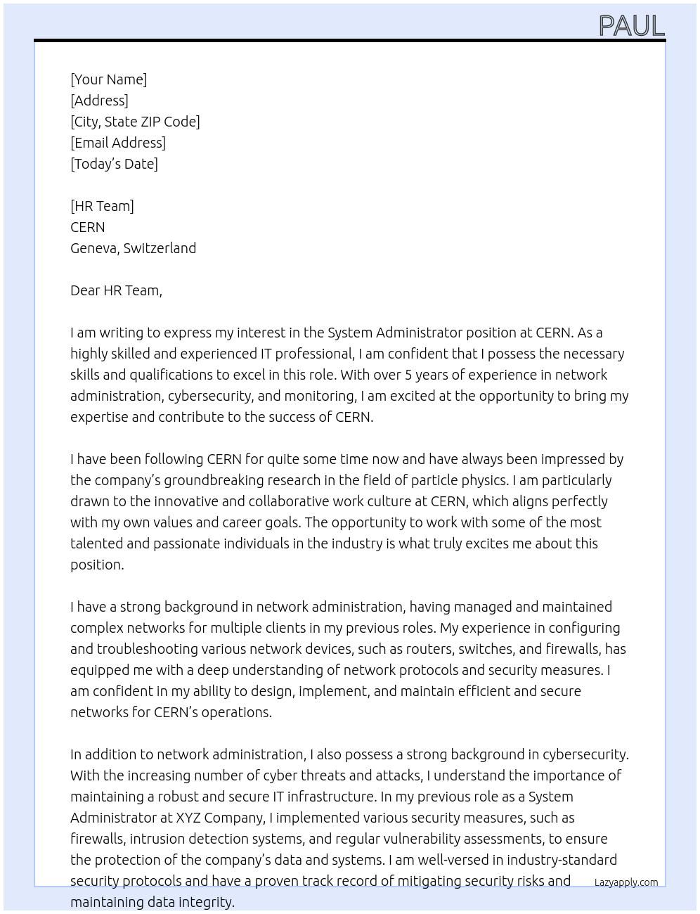 System administrator At CERN Cover Letter