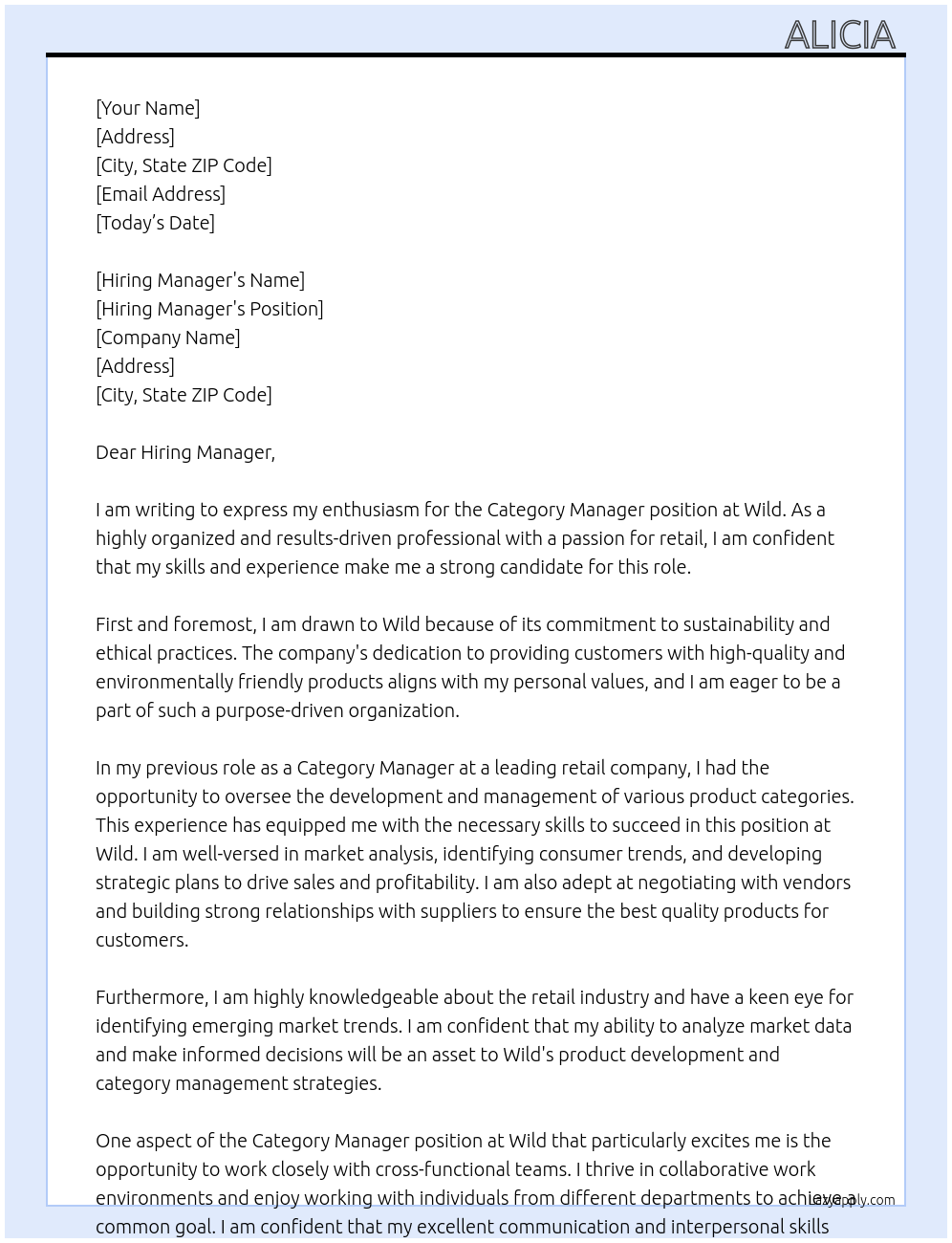 Category Manager At Wild Cover Letter
