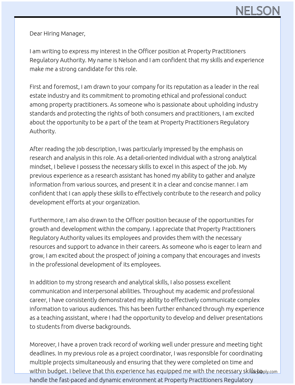 Officer At Property Practitioners Regulatory Authority Cover Letter