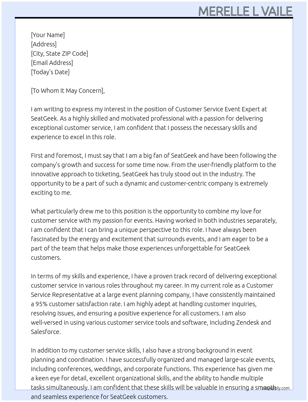 customer service event expert At seatgeek Cover Letter