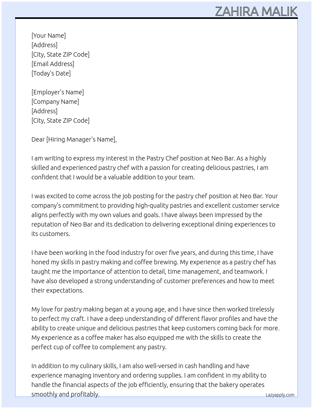 pastry chef At neo bar Cover Letter