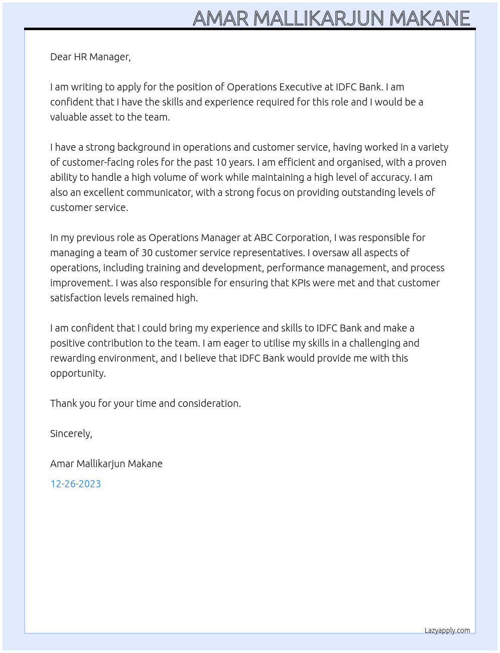 Operations Executive At IDFC Bank Cover Letter